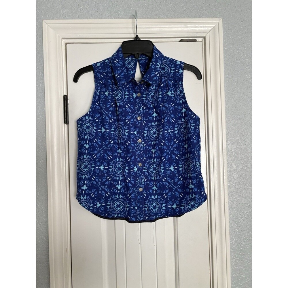 Maeve Anthropologie Sleeveless Blouse Womens 6 Blue Geometric Keyhole Excellent